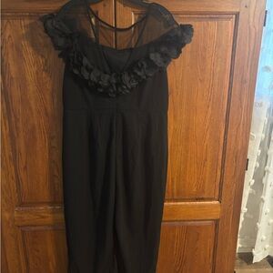 Black Floral Applique Sheer Yoke Dress
